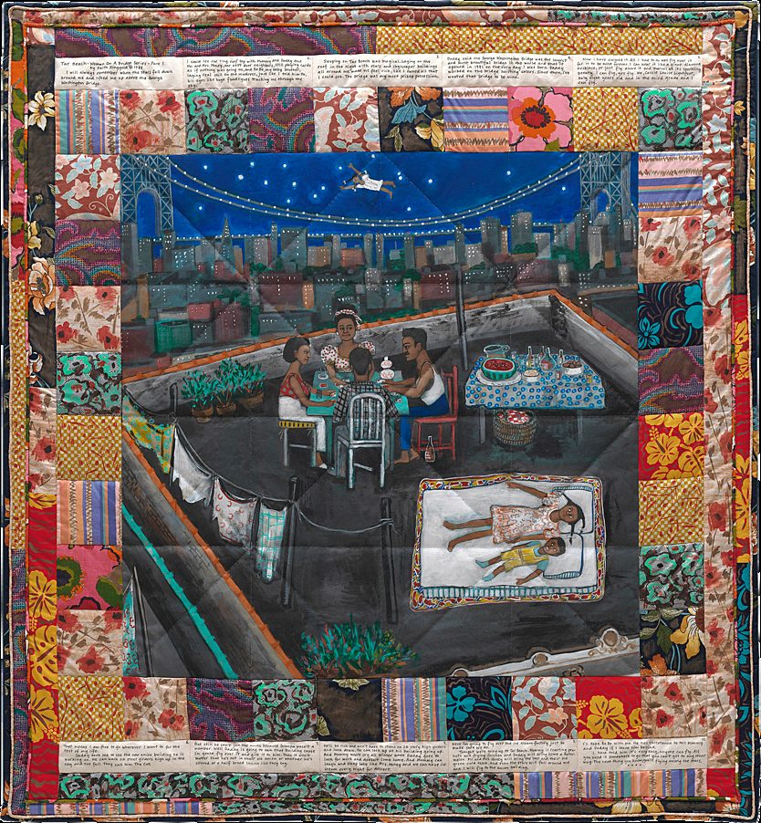 Faith Ringgold's Tar Beach quilt of figures on a rooftop under a starlit city skyline