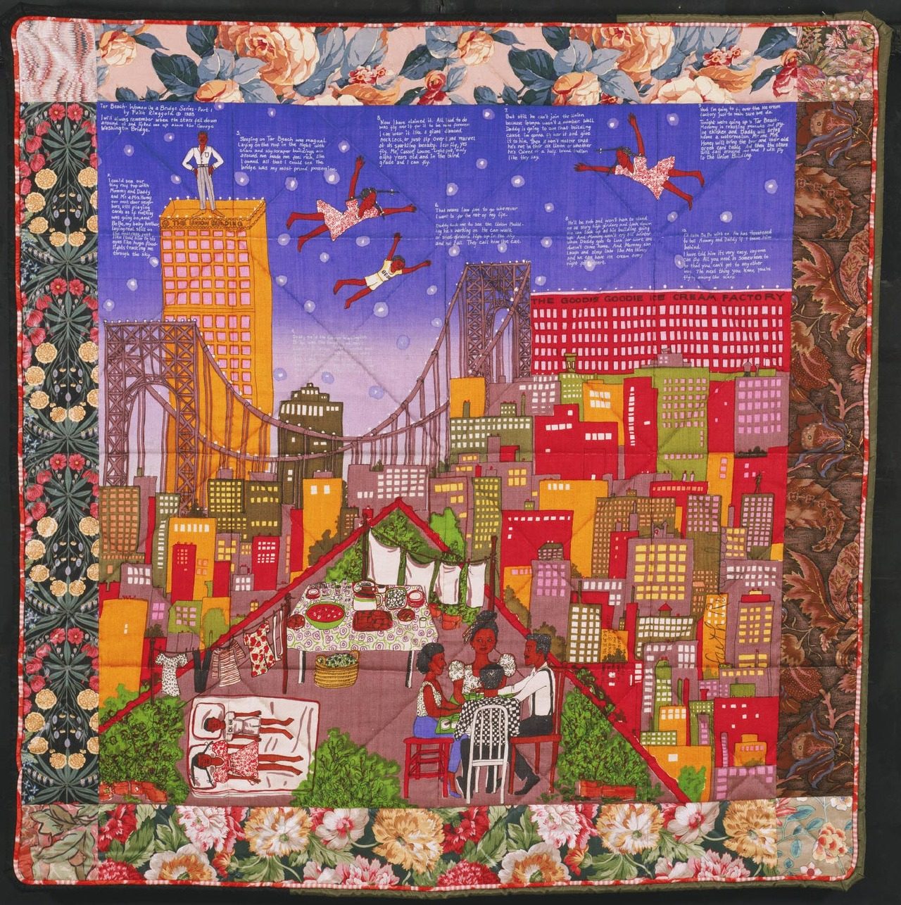 Faith Ringgold story quilt of a rooftop dinner beneath a city skyline and bridge