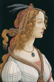 Botticelli's portrait of a young woman with braided, ribboned red hair