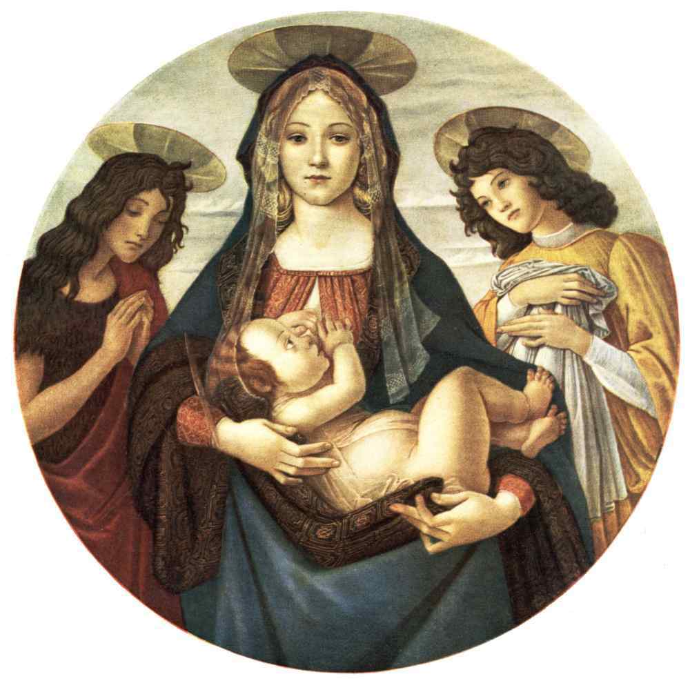 Botticelli tondo of the Madonna and Child with young John the Baptist and an angel